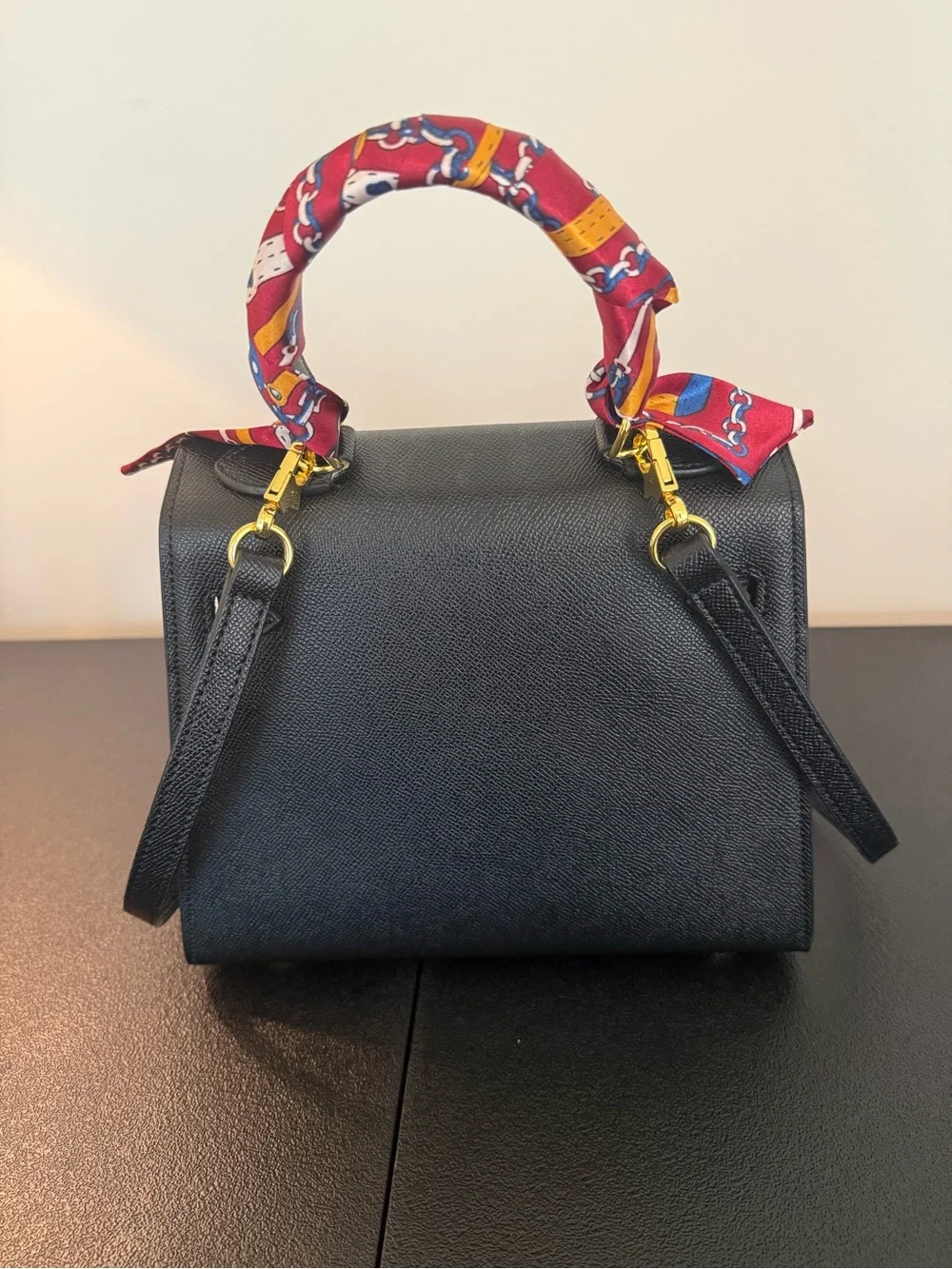 Structured Black 20cm (mini) Satchel with Gold Hardware and Red Scarf Accent